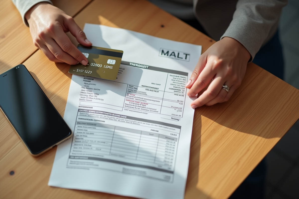 Mains tenant une carte bancaire et un relevé sur une table ensoleillée