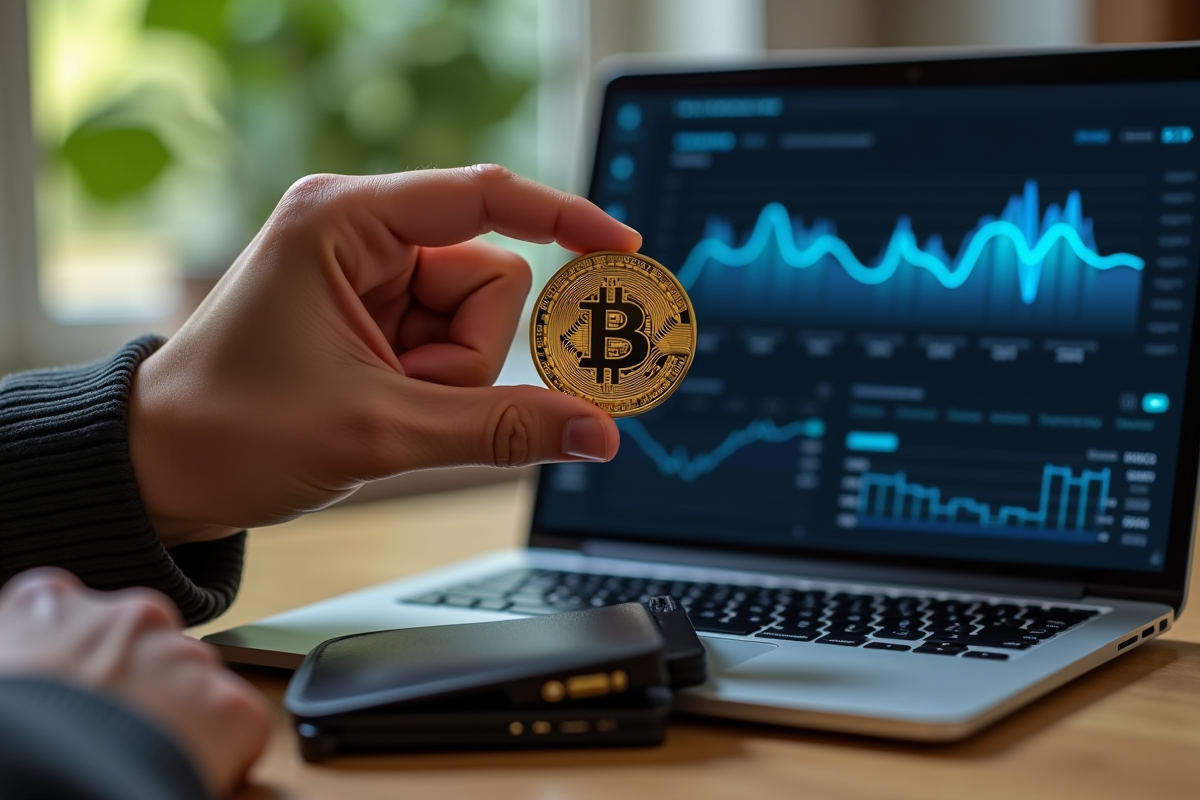 Main tenant une pièce Bitcoin or au-dessus d'un portefeuille numérique