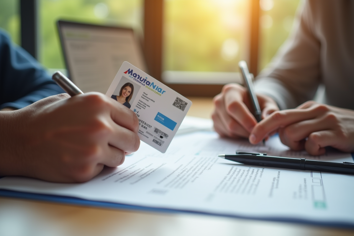 Mains remplissant un formulaire bancaire avec une carte d