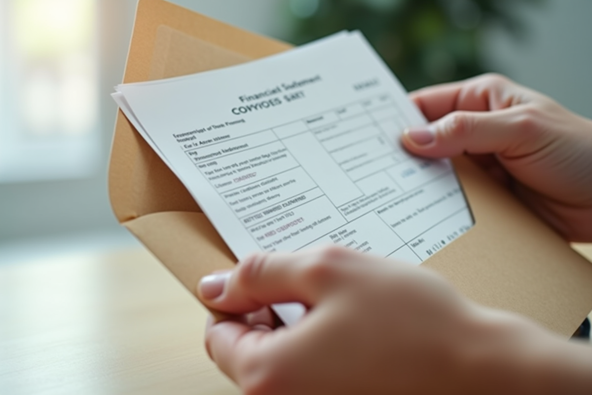 Mains tenant une enveloppe avec relevé financier et chèque