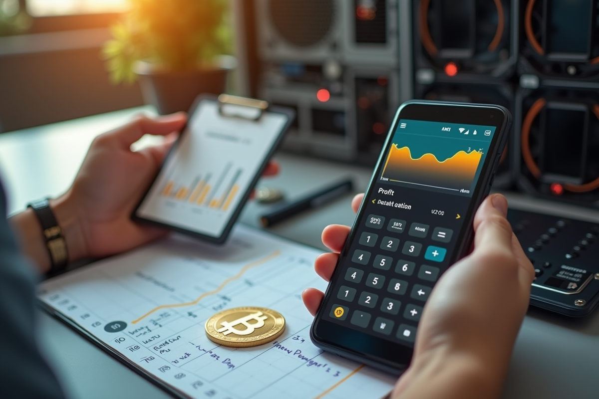 Mains tenant un smartphone avec calculateur crypto et bitcoin