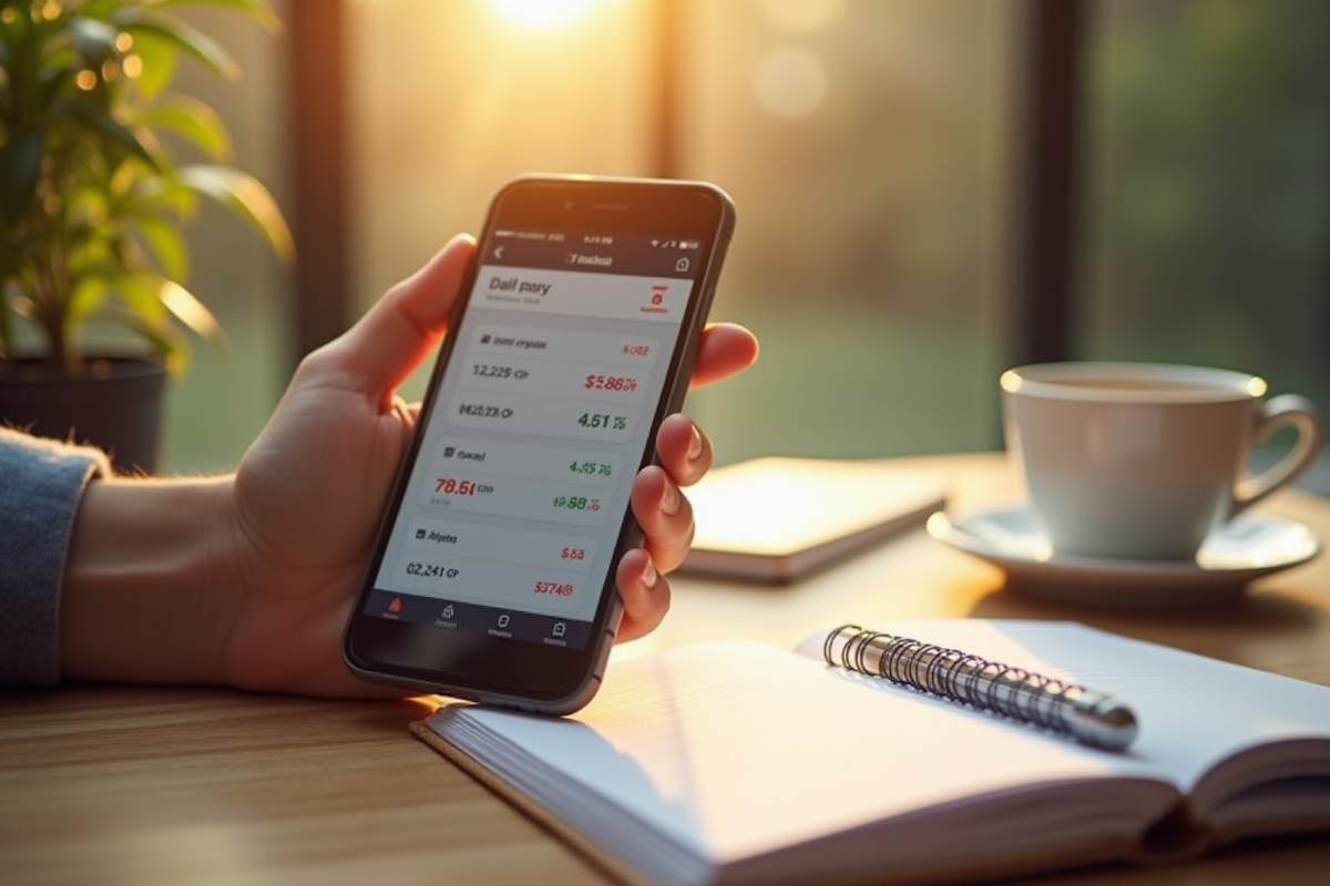 Main tenant un smartphone avec application de trading et notes