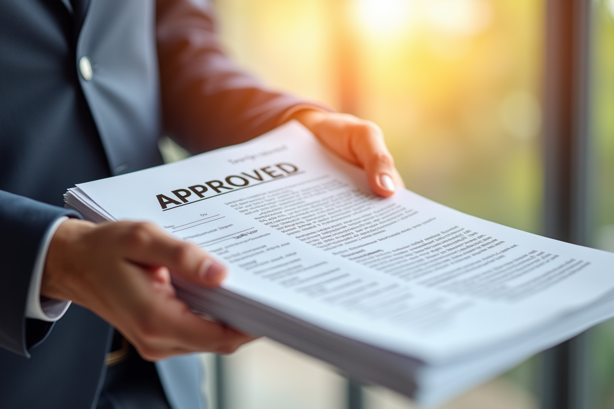 Mains tenant des documents approuves avec soleil en arrière-plan