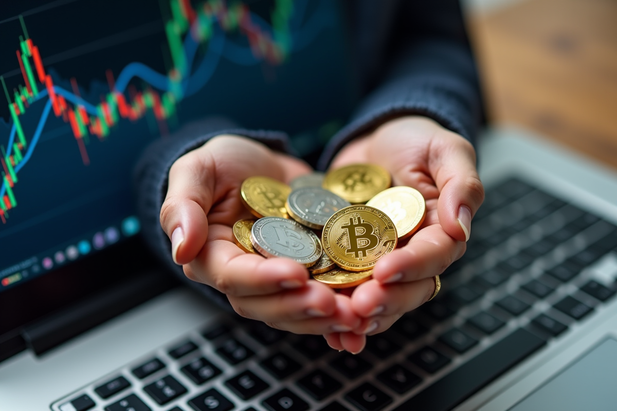 Mains tenant plusieurs monnaies cryptos au-dessus d’un clavier d’ordinateur