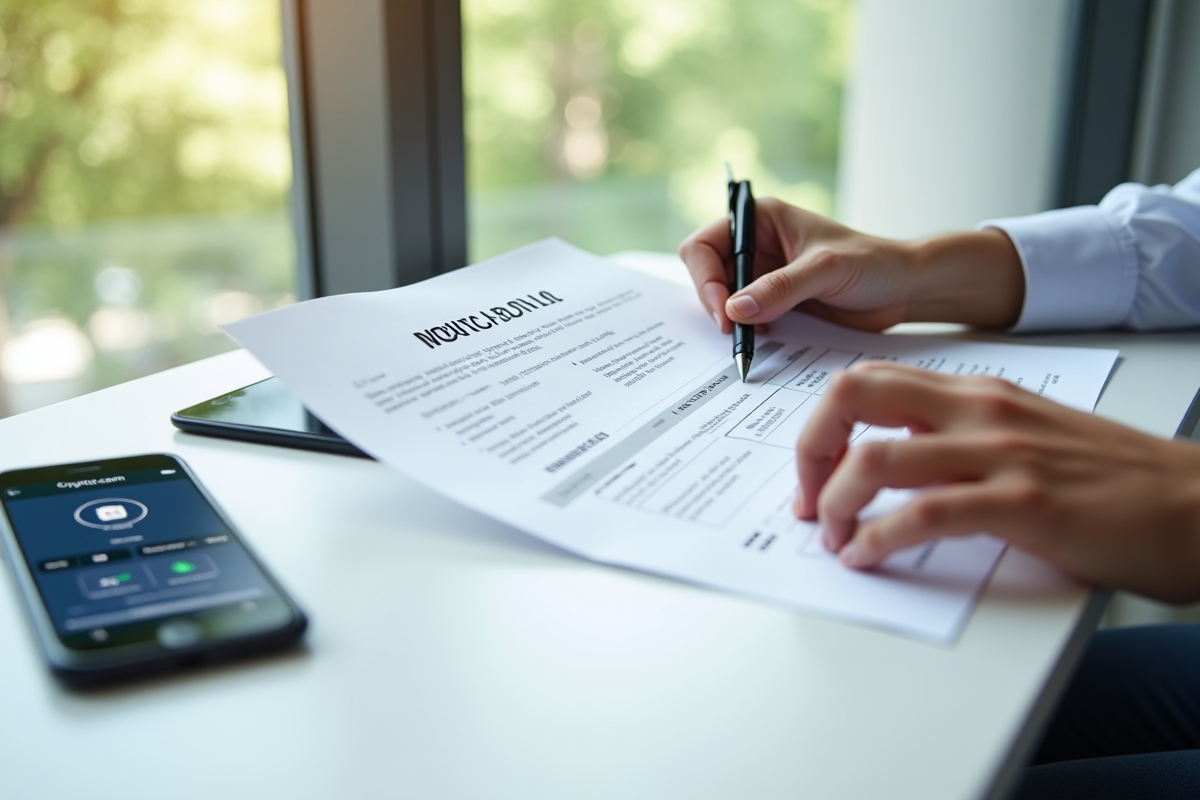Mains tenant un document fiscal avec l'application Crypto com sur un bureau lumineux