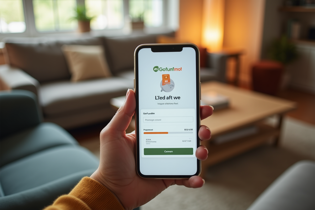 Mains tenant un smartphone affichant une campagne de financement participatif