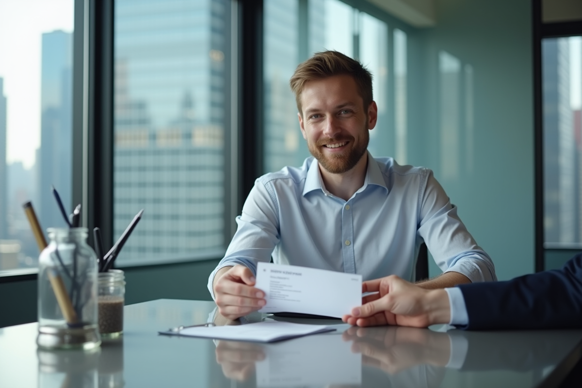 Jeune comptable remettant un reçu de paiement