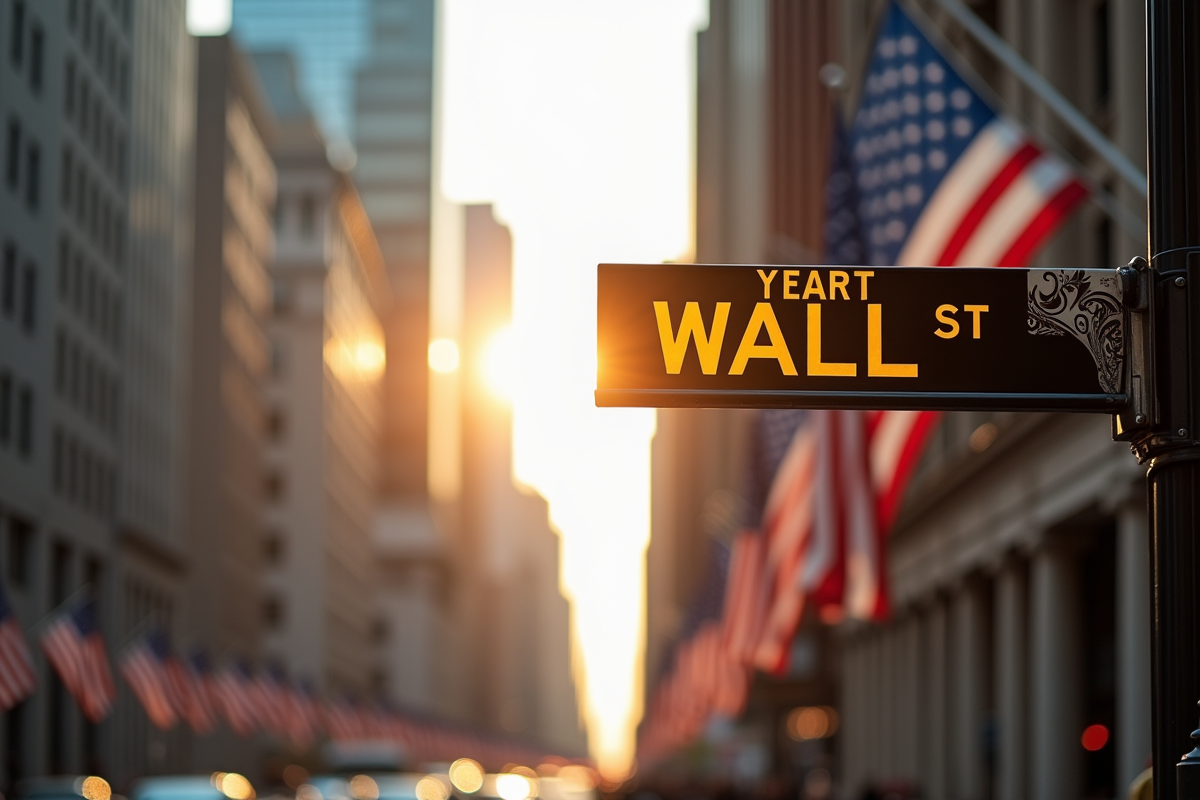 Panneau Wall Street avec drapeaux américains et gratte-ciel