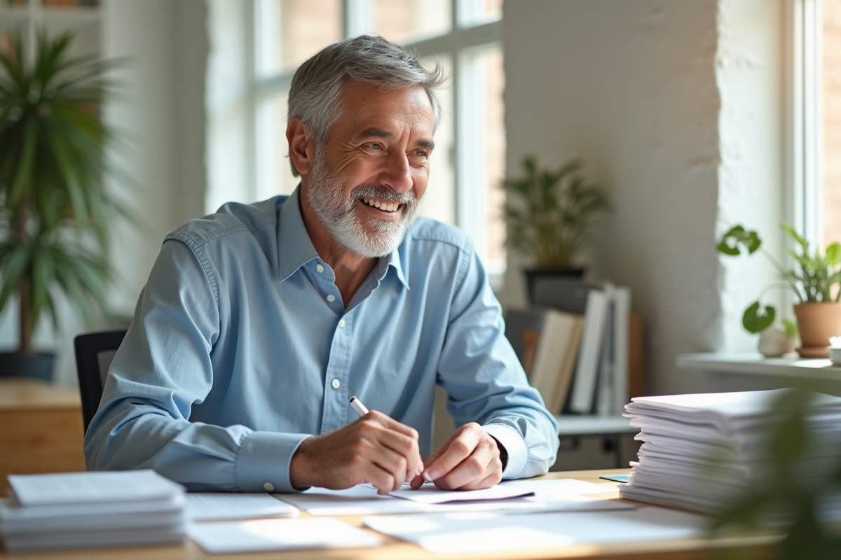 Personne agee souriante organisant papiers de retraite au bureau