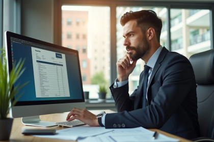 Personne en tenue professionnelle regardant un relevé bancaire à l'ordinateur