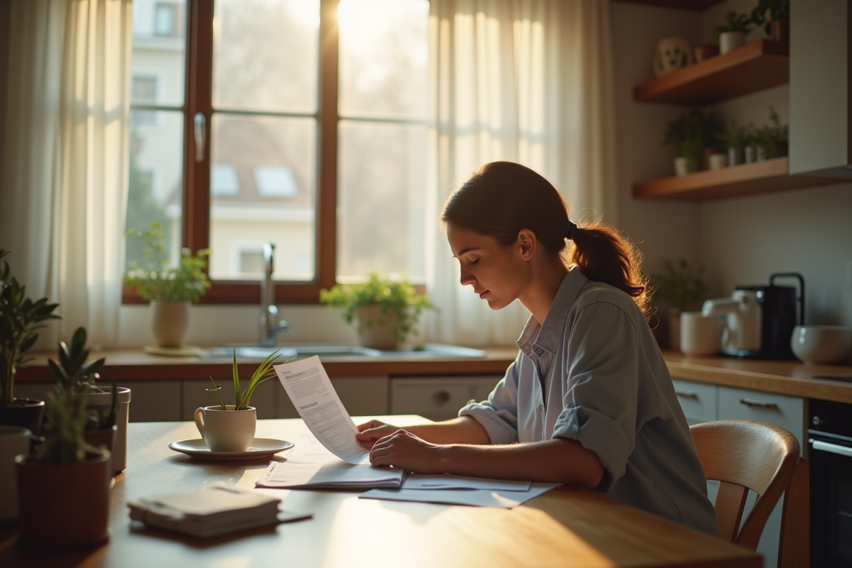 Personne assise à une table cuisine lumineuse et modeste