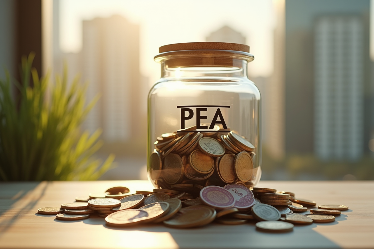 Tas de pièces et billets d euro avec label PEA en lumière naturelle