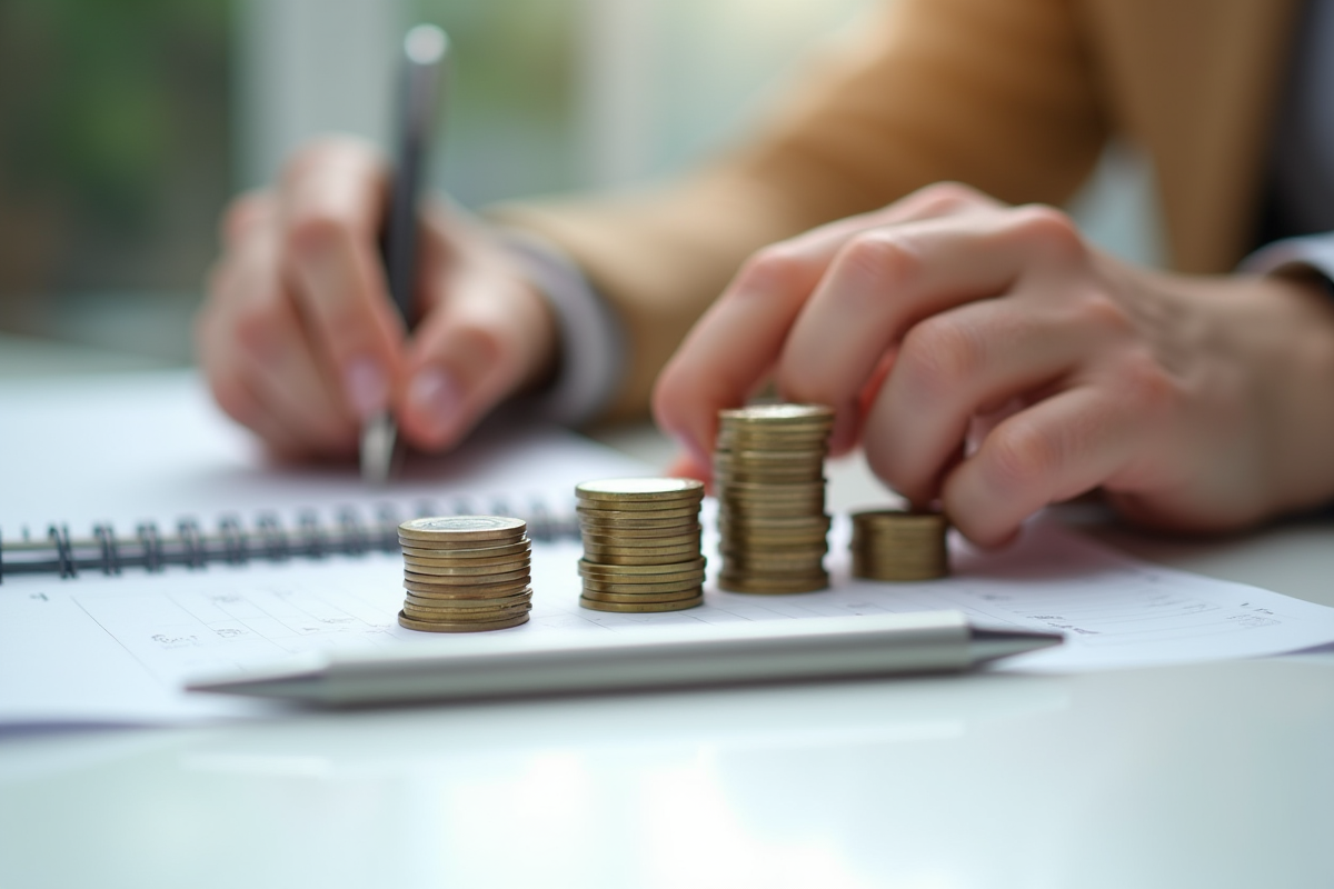 Mains empilant des euros sur un bureau moderne
