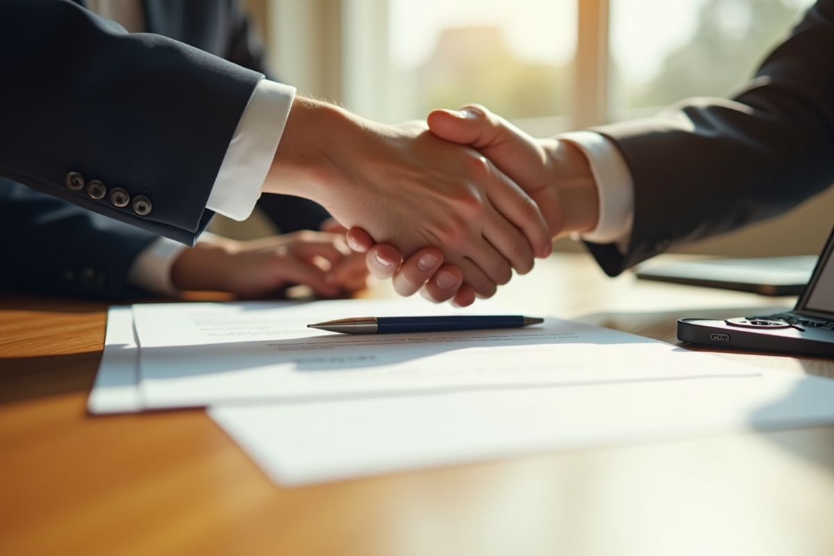 Poignee de mains sur un contrat signé avec stylo sur bureau en bois
