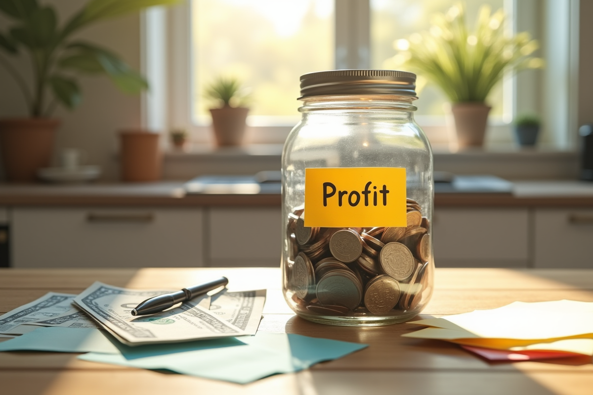 Pot de profit rempli de pièces et billets sur une table