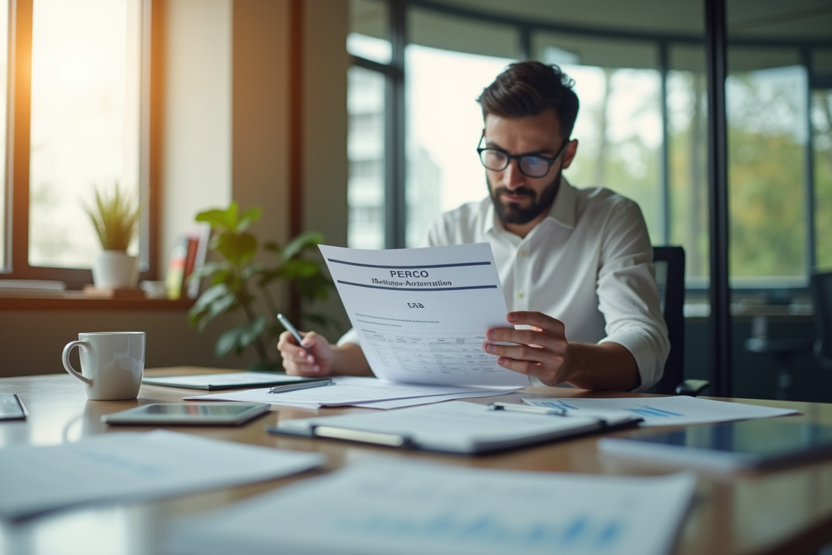 Professionnel au bureau examinant documents PERCO et taxes