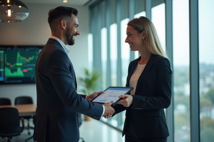 Professionnel en bureau moderne montrant une app bancaire