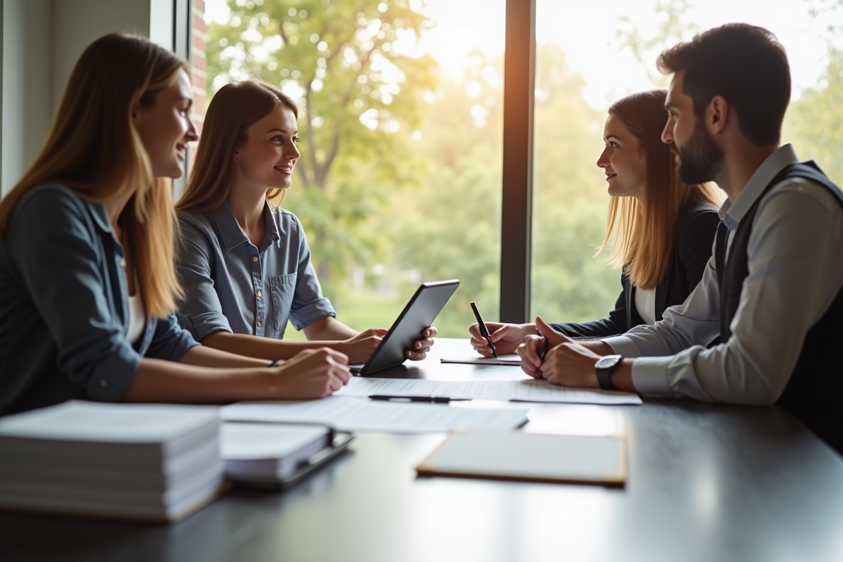Jeune couple rencontrant un conseiller financier dans un bureau lumineux