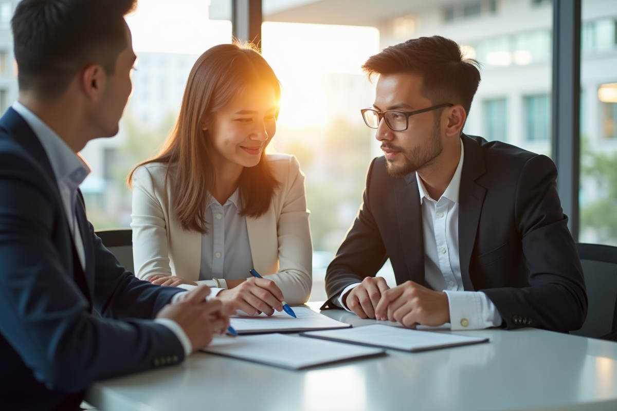 Jeune professionnel discutant avec un conseiller financier dans un bureau lumineux