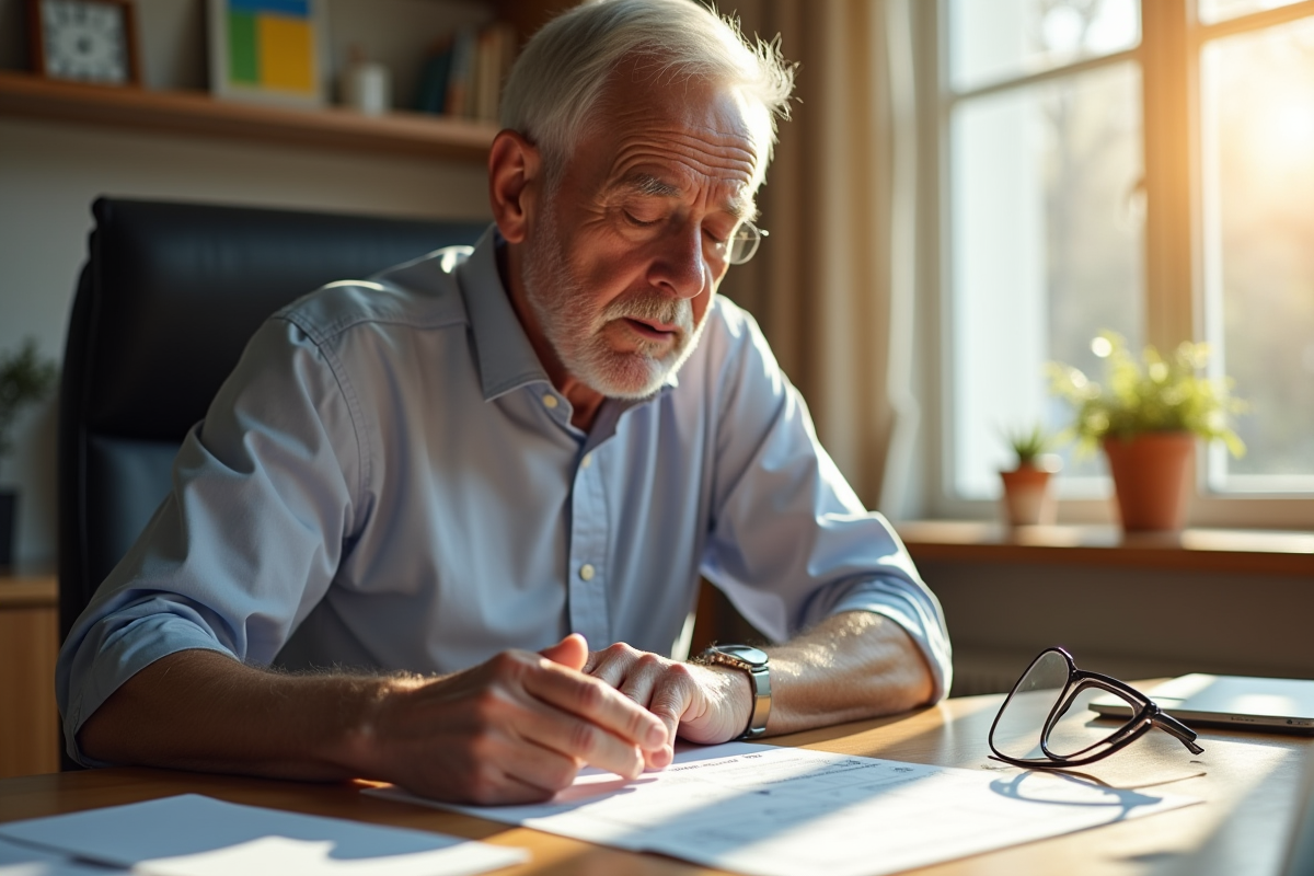 Homme age examine documents de retraite dans un bureau lumineux