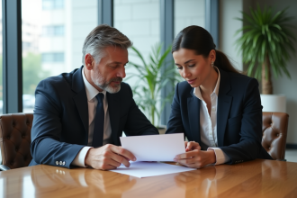 Deux professionnels en réunion d'affaires avec contrat