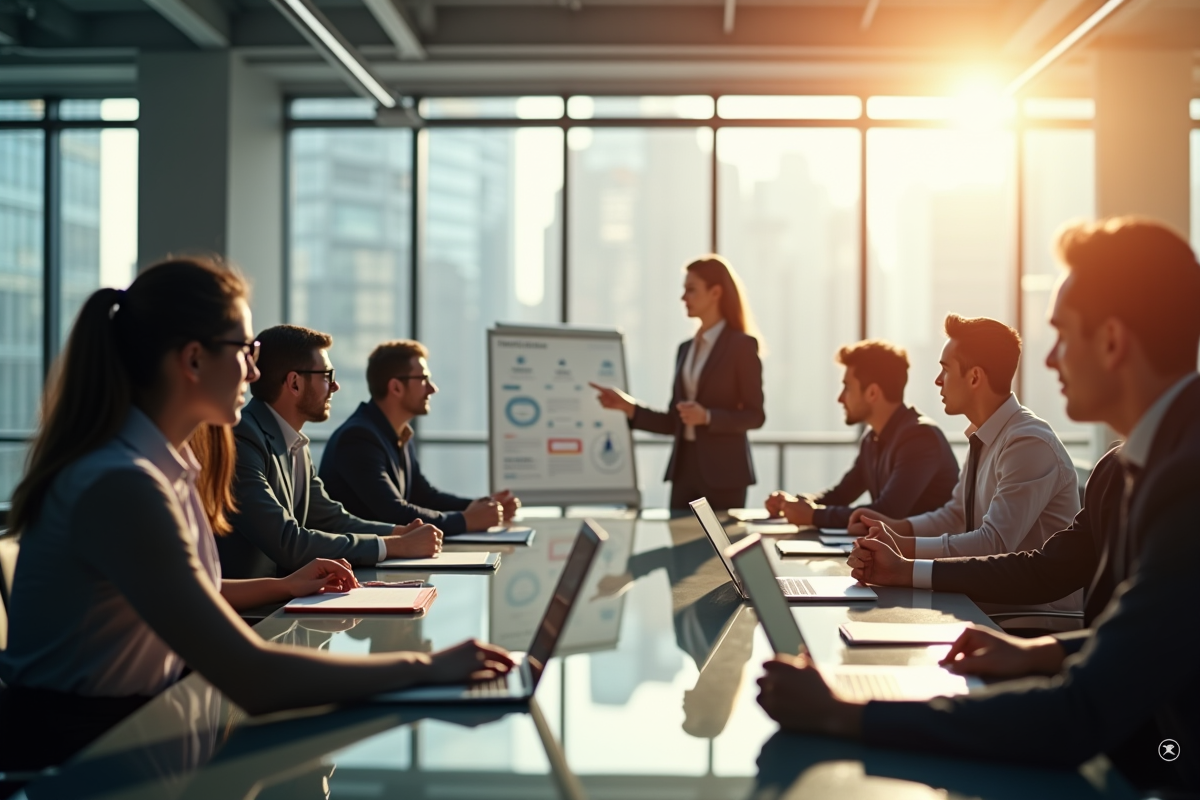 Réunion d'affaires dans un bureau moderne ensoleille avec jeunes entrepreneurs