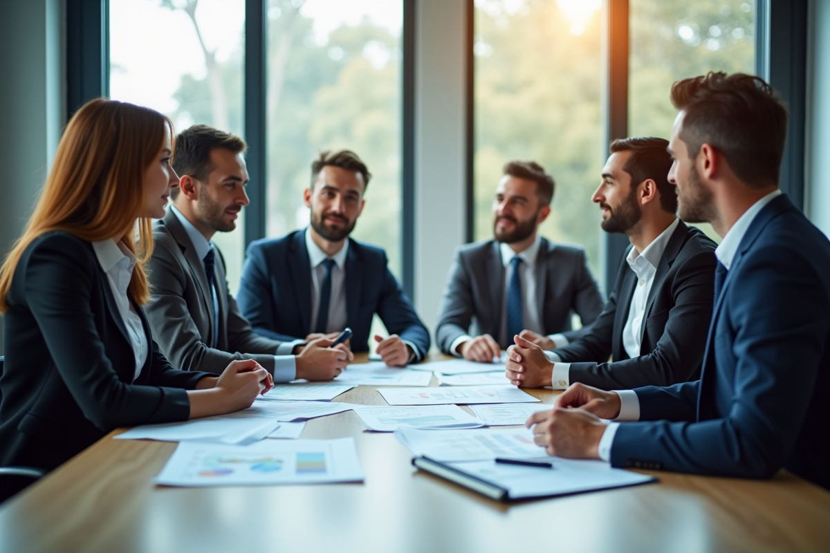 Groupe de professionnels en réunion d'affaires avec graphiques