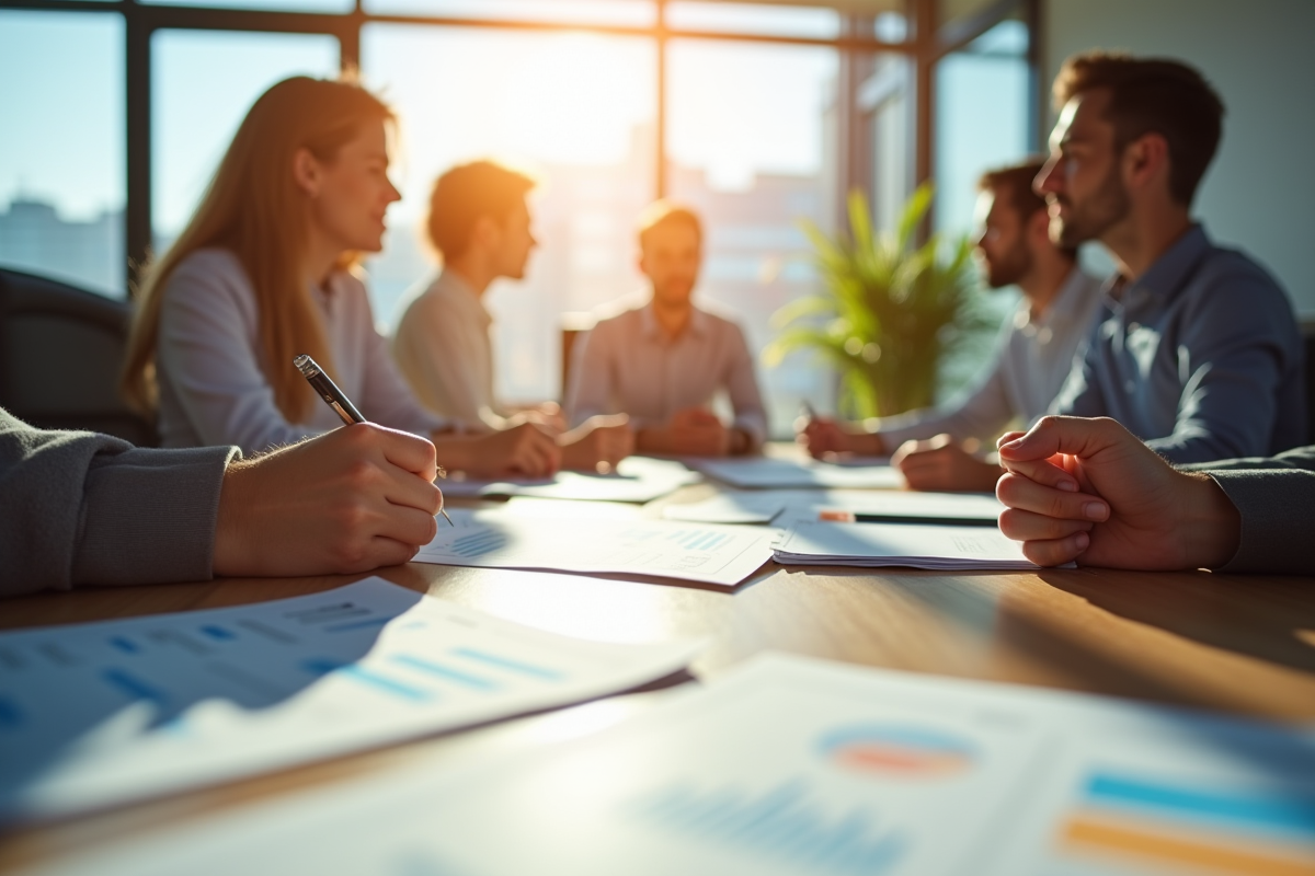 Réunion dans un bureau lumineux avec analystes financiers