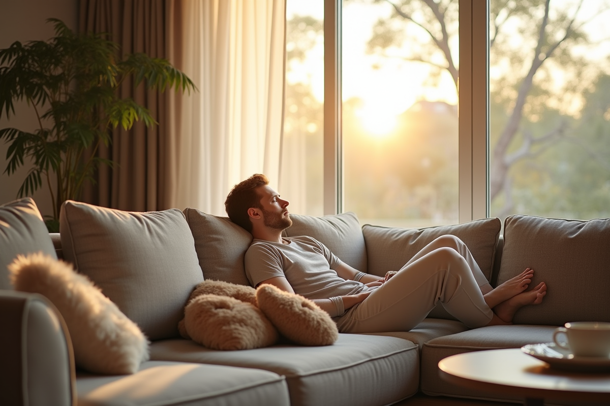 Personne relaxant dans un salon lumineux et cosy