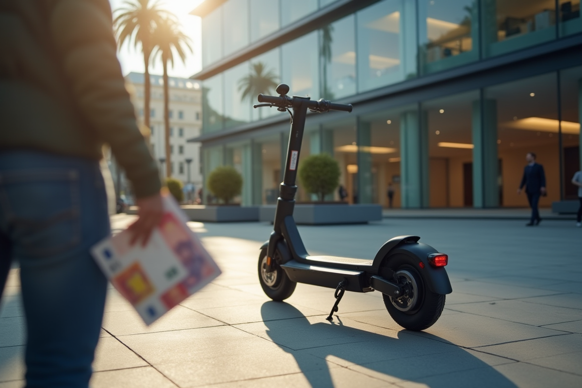Scooter électrique garé devant un bâtiment administratif moderne