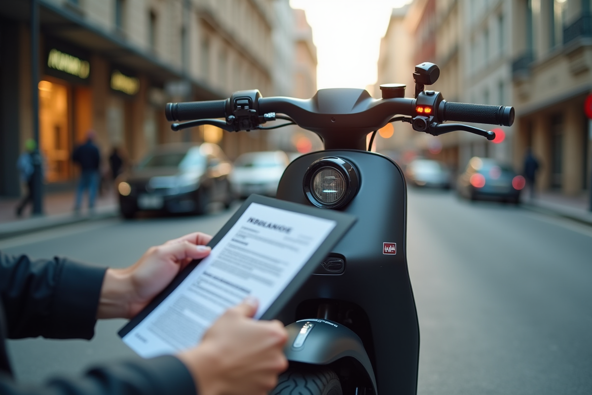 Scooter électrique moderne garé en ville avec document d'assurance