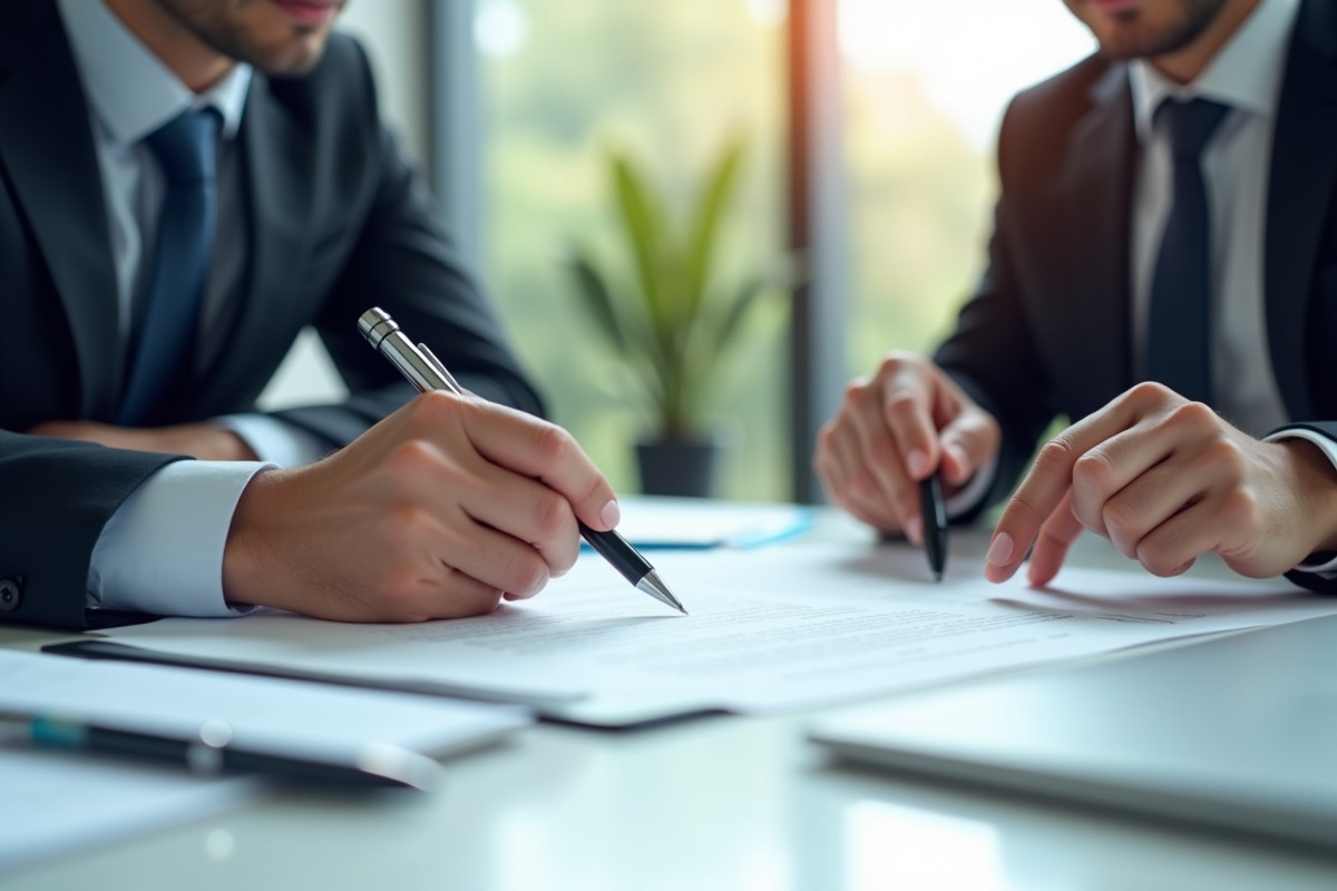 Deux personnes en costume signent un contrat au bureau