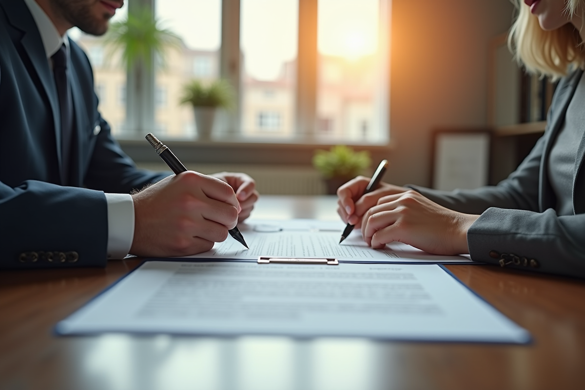 Homme et femme signant des documents officiels dans un bureau lumineux