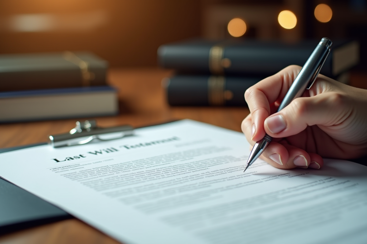 Mains signant un testament avec un stylo argenté sur un bureau en bois