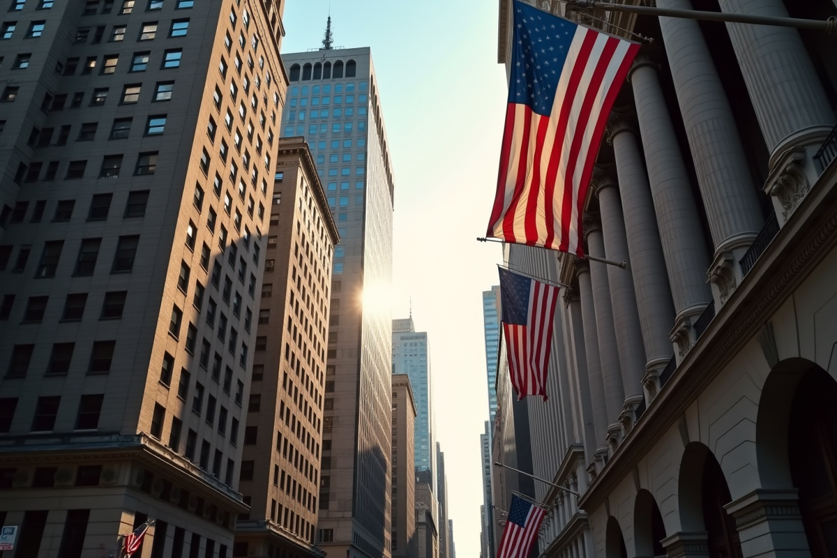 Vue de la skyline de New York avec Wall Street et drapeau américain