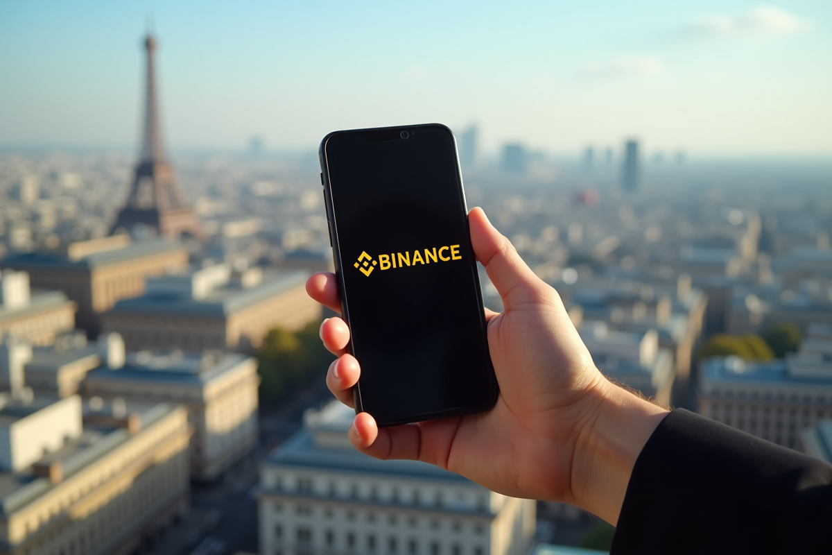 Main tenant un smartphone affichant Binance avec vue sur Paris en arrière-plan