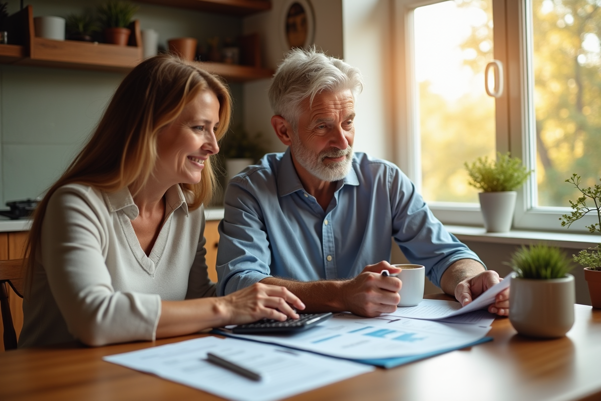 Couple d'adultes analysant des documents financiers à la cuisine