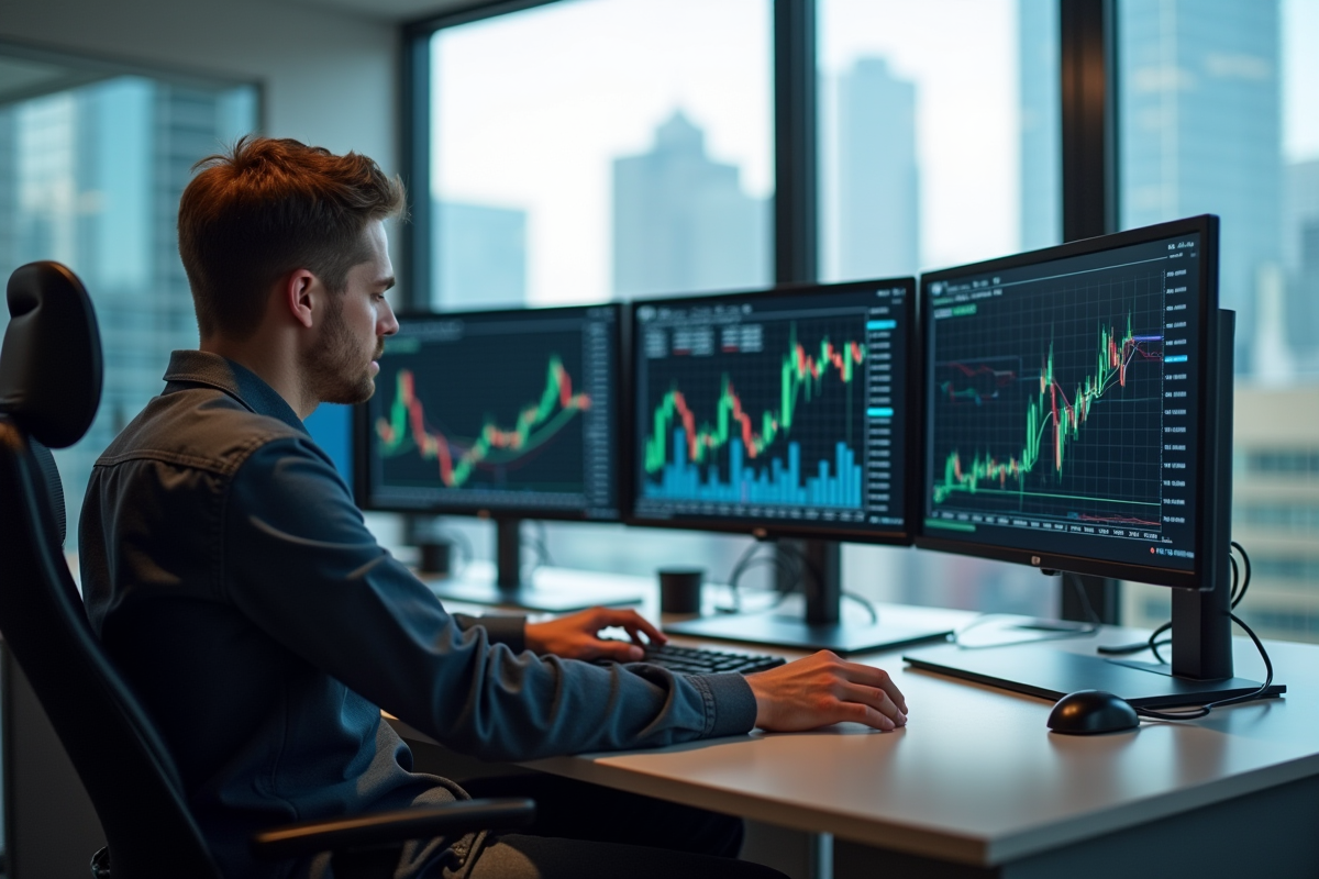 Jeune trader professionnel devant plusieurs écrans financiers